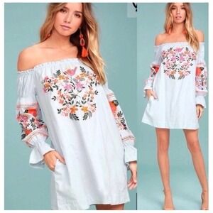 Free People Fleur Du Jour Embroidered Boho Tunic Dress Sz S Off Shoulder Cottage